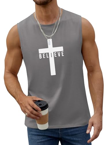 Men's Cotton Graphic Tank Tops Jesus Cross Believe Printed Faith Christian Shirts - color: ##Grey, size: Large
