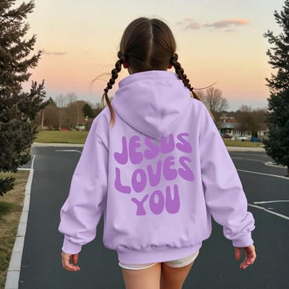 Christian Jesus Loves You Hoodie For Teen Girls Cute Graphic Hoodies Kids Bible Verse Faith Sweatshirt God Pullover - color: Light Purple, size: 11-12 Years