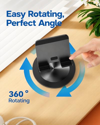 Phone Stand for Desk, 360° Rotating Dual Adjustable Foldable Cell Phone Holder, Heavy Solid All-Aluminum Base Anti-Slip Stable Support for Home Office Study, Fits iPhone Galaxy 4-8" Phones - color: Black