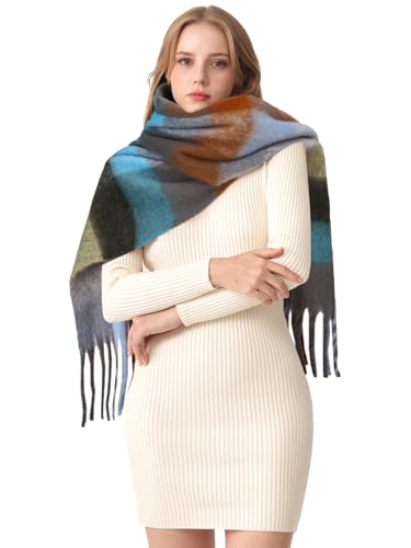 HOTIAN Women's Large Scarf Colorful Chunky Plaid Scarves Soft Winter Thick Tassel Warm Wrap Shawl - color: Light Blue Gray