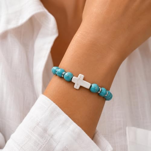Cross Birthstone Gemstone Beaded Stretch Protection Bracelet for Man Woman, Handmade Healing Stone Chakra Beads Elastic Bracelets Accessories Fashion Jewelry Gift. - color: Turquoise Bead