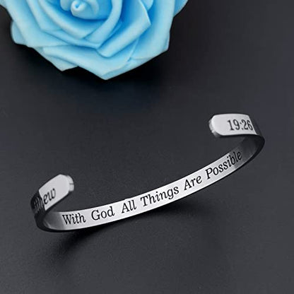 MUERDOU Inspirational Cuff Bracelet Bangle for Women Christian Bible Verse Bracelet Prayer Faith Religious Stainless Steel Bangle Gifts for Her - style: With God All Things Are Possible