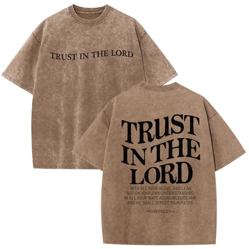 Wrenpies Mens Oversized Christian Shirts God Faith Jesus Religious Tshirts Trust in The Lord Bible Verse Tees Acid Wash Tops - color: Coffee, size: XX-Large