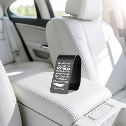 YODOCAMP Psalm 91:4 Christian Car Visor Clip Stainless Steel, He Will Cover You with His Feathers Engraved Scripture Reminder, Faith Based Safe Driving Gift, Religious Car Accessory TZC188 - color: Black-C188