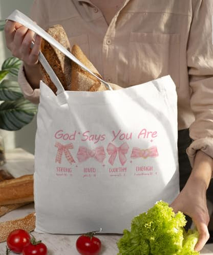 Coquette Bow Bible Canvas Tote Bag for Women Teens Teen Girls, Pink Bow Girls Tote Bag, Coquette Gifts - color: Pink Christian Bow