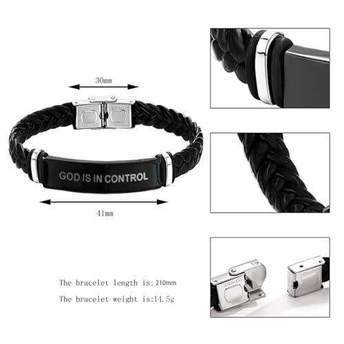 God is in Control Leather Bracelet, Stainless Steel Christian Faith Braided Engraved Bar Bracelets Self Worth Motivation Bracelet Inspirational Friendship Jewelry for Men Women - color: Black