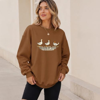 Silly Goose Christian Sweatshirts for Women Walking by Faith Tripping Constantly Sweatshirt Cute Graphic Crewneck - color: Brown, size: X-Large