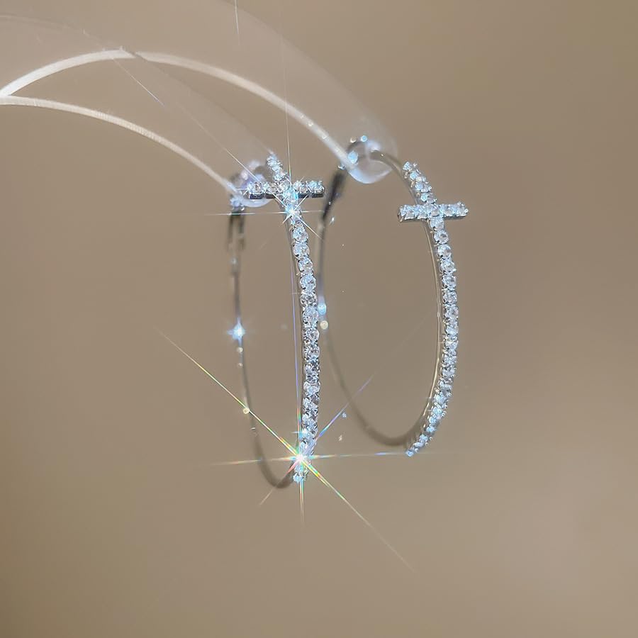 Cross Hoop Earrings for Women Trendy Large Cross Rhinestone Sparkly Hoop Earings Prom Wedding Party Formal Jewelry - color: silver W2