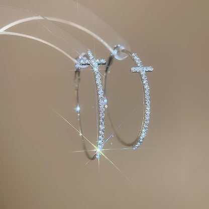 Cross Hoop Earrings for Women Trendy Large Cross Rhinestone Sparkly Hoop Earings Prom Wedding Party Formal Jewelry - color: silver W2