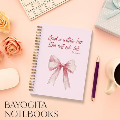 Pink Coquette Bow Christian Spiral Notebooks, God is Within Her She Will Not Fall Bible Journal, Religious Prayer Journal for Woman, Coquette Girly Office Supplies, 5.5x8.3 Inches - color: Coquette Bow Bible