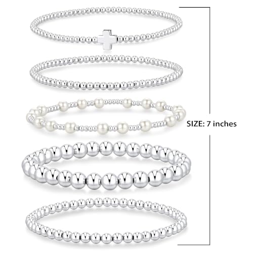 Yoosteel Gold Beaded Bracelets for Women Teen Girls, Gold Plated Jewelry - color: "Silver beaded bracelets - 5pcs