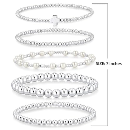 Yoosteel Gold Beaded Bracelets for Women Teen Girls, Gold Plated Jewelry - color: "Silver beaded bracelets - 5pcs
