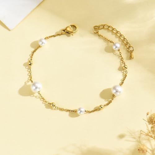 18K Gold Plated Pearl Beaded Cross Bracelets for Women Adjustable - color: Multi Pearls Beads-Gold