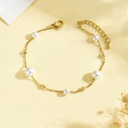 18K Gold Plated Pearl Beaded Cross Bracelets for Women Adjustable - color: Multi Pearls Beads-Gold