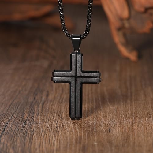 Wooden Cross Necklace for Men, Natural Ebony Mens Cross Necklaces Black Stainless Steel Christian Wood Crucifix Pendant，with Necklace 24" Box Chain - color: Black-Inlaid Ebony