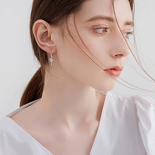 LUHE Sterling Silver Corss/Daisy/Musica Note Dangle Earrings for Women - style: Camellia Cross Earrings
