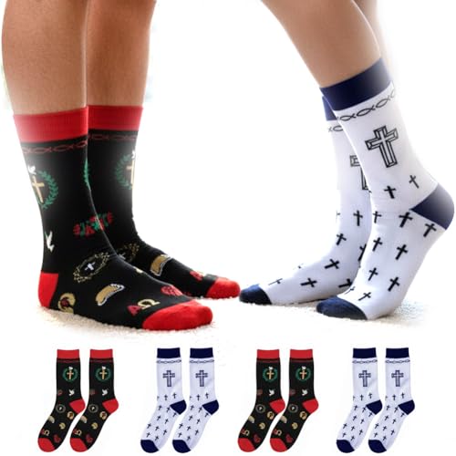 shiningsoul 4-Pack Christian Mid-Calf Socks for Men & Women, Religious Socks with Cross, Dove, Fish Symbol Design, 2 Pack White & 2 Pack Black