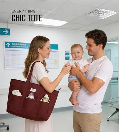 Bagelite Extra Large Canvas Tote Bag for Women Men, Utility Work Bags with Zipper - color: Red Wine