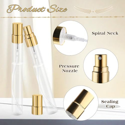 30 Pcs 10ml/0.34oz Mini Spray Bottle Glass Fine Mist Perfume Atomizer Empty Sample Containers with Golden Lids for Travel Cleaning Essential Oils - size: 10 ml