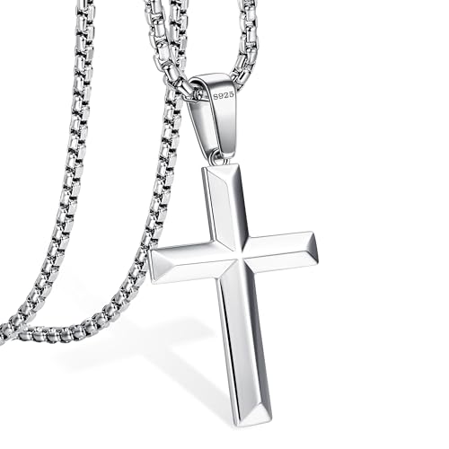 YADOCA 925 Sterling Silver Cross Necklace for Men - 3mm Stainless Steel Box Chain Silver Cross Chains Beveled Edge Crucifix Cross Pendant Necklace Jewelry for Women Mens 16-24 Inches