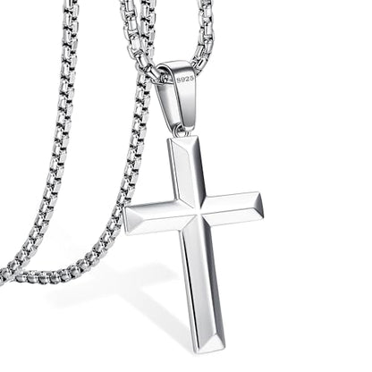 YADOCA 925 Sterling Silver Cross Necklace for Men - 3mm Stainless Steel Box Chain Silver Cross Chains Beveled Edge Crucifix Cross Pendant Necklace Jewelry for Women Mens 16-24 Inches