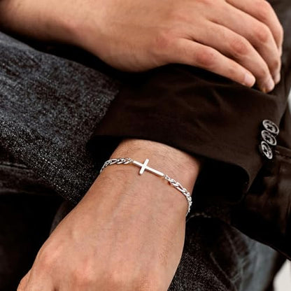 M MOOHAM Cross Bracelet for Men, Silver/14K Gold Plated Mens Bracelet - color: Silver Plated Figaro Chain-8.3Inch