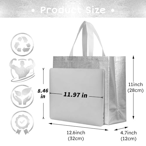 cabzymx 16 Pcs Glossy Silver Reusable Gift Bags, Metallic Bling Design Holiday Gift Bag with Handles & Bases, Non-woven Goodie Bags Bulk for Birthday, Wedding, Parties, Graduation- 12.6x4.7x11 In - color: Silver, size: 1 Count (Pack of 16)