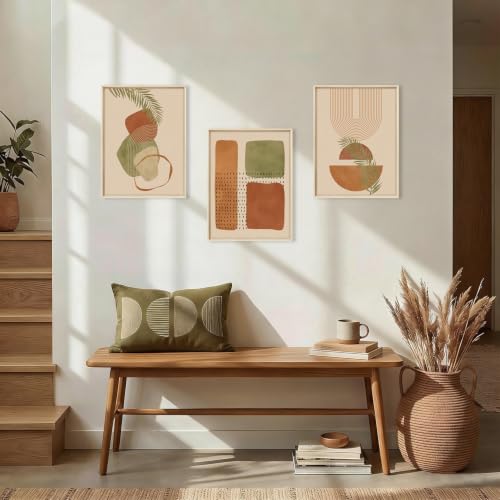 HOURIA Terracotta Sage Green Palm Leaf Framed Canvas Wall Art Set-12"x16"x3 - color: Boho Botanical Wall Art, size: 12"L x 16"W