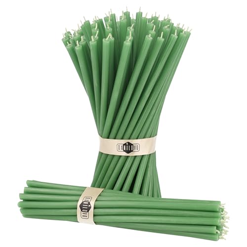 Danilovo Thin Taper Beeswax Candles - Honey-Scented, Decorative Candles Ideal for Birthday Decoration or Church Prayers - Green Drip Free, Tall & Smokeless Pack of 50 pcs, 7.3 x 0.24 inch - color: Green
