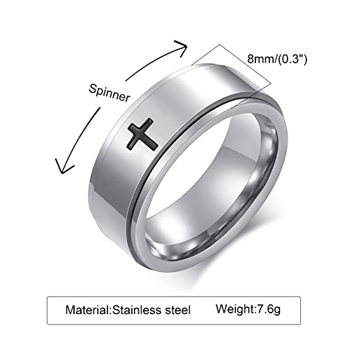 6mm/8mm Titanium Steel Black/Silver/Gold Fidget Ring Engraved Small Cross Stainless Steel Spinner Rings Stress Relieving Anxiety Ring Engagement Wedding Promise Band for Women Men Size 5-15 - color: 8mm Silver