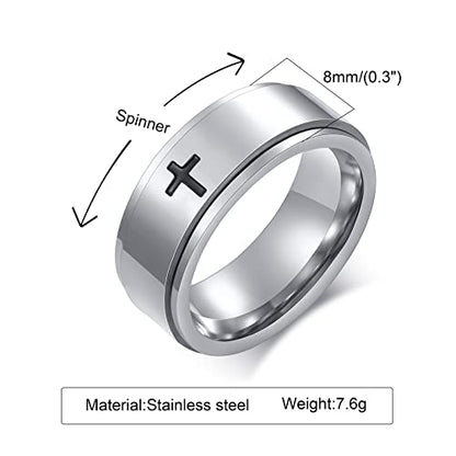 6mm/8mm Titanium Steel Black/Silver/Gold Fidget Ring Engraved Small Cross Stainless Steel Spinner Rings Stress Relieving Anxiety Ring Engagement Wedding Promise Band for Women Men Size 5-15 - color: 8mm Silver