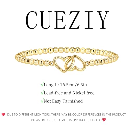 Gold Bracelets for Women 14K Gold Plated Bead Bracelet Hypoallergenic Stretch Bracelets for Women Elastic Bracelet Trendy Teen Gift Dainty Jewelry for Women - style: Double Heart