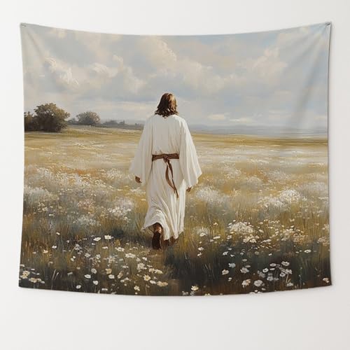 bitCNY Jesus in Field Tapestry 60x50 Inches – Solitude Christian Wall Art, Peaceful Religious Tapestry for Bedroom Living Room, Faith Journey Decor - color: white-Jesus in Field