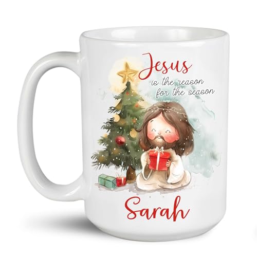 Personalized Jesus In Christmas White Mugs, Custom Jesus Christian Themed Decorative Teacup, Customized Unique Name Travel Cup With Jesus And Pine Tree Design, Religious Coffee Mug - color: XUA-324-1554-Jesus In Christmas Day