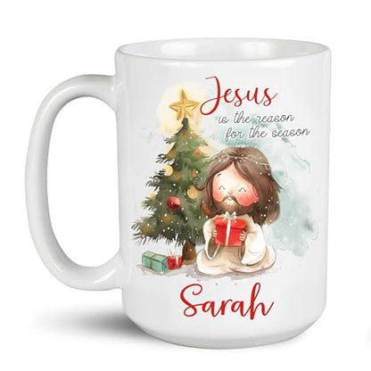 Personalized Jesus In Christmas White Mugs, Custom Jesus Christian Themed Decorative Teacup, Customized Unique Name Travel Cup With Jesus And Pine Tree Design, Religious Coffee Mug - color: XUA-324-1554-Jesus In Christmas Day