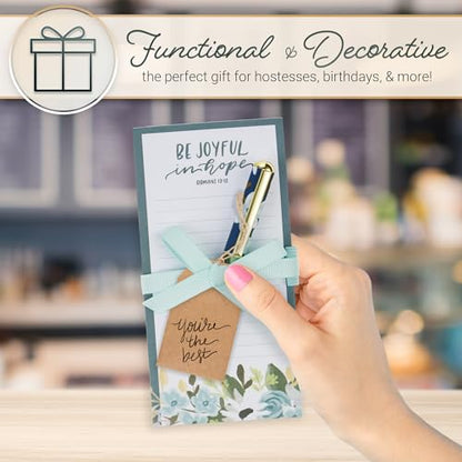 Christian Art Gifts Magnetic Notepad & Pen Set for Women, Be Joyful in Hope - color: Blue & White Floral/Be Joyful