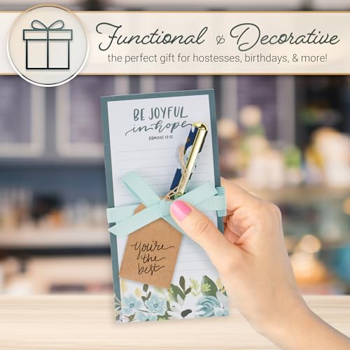 Christian Art Gifts Magnetic Notepad & Pen Set for Women, Be Joyful in Hope - color: Blue & White Floral/Be Joyful