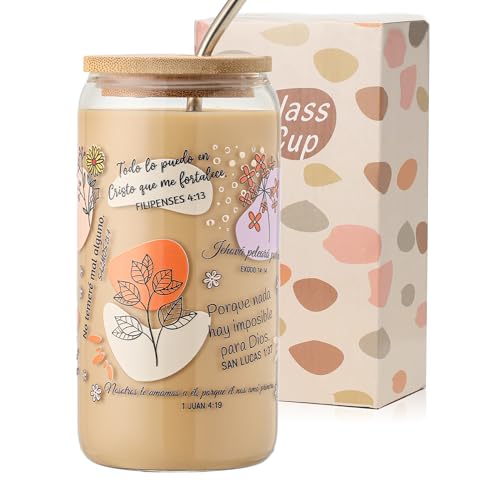 Spanish Bible Verse Coffee Mugs - Christian Gifts for Women, 16oz Religious Glass Tumbler with Lid & Straw, Inspirational Spanish Scriptures, Regalos Religiosos Para Mujer En Español - color: Spanish Bible Verse