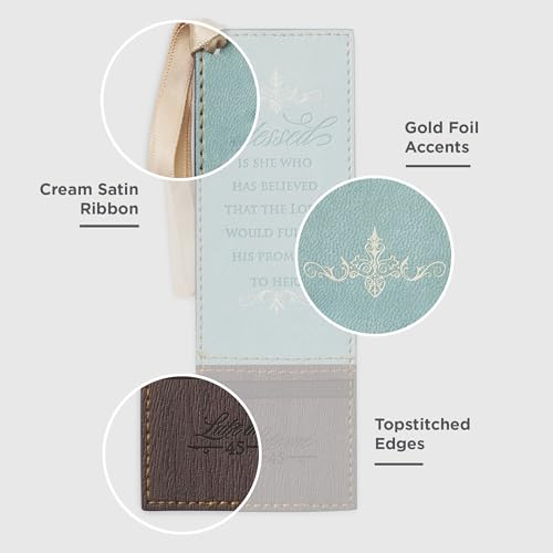 Christian Art Gifts Faux Leather Scripture Bookmark: Blessed is She - color: Brown/Blue - Blessed
