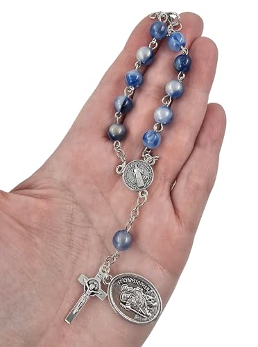TALISMAN4U St Benedict Rosary for Car Rearview Mirror St Christopher Medal - color: Blue Acrylic Beads