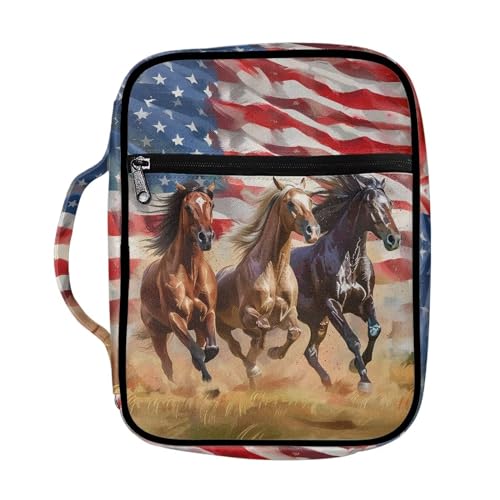 Suobstales American Flag Horse Print Bible Covers for Women Men,Carrying Book Bible Case Church Bag Lightweight Bible Bag Bible Protective with Handle and Zippered Pocket - color: American Flag Horse
