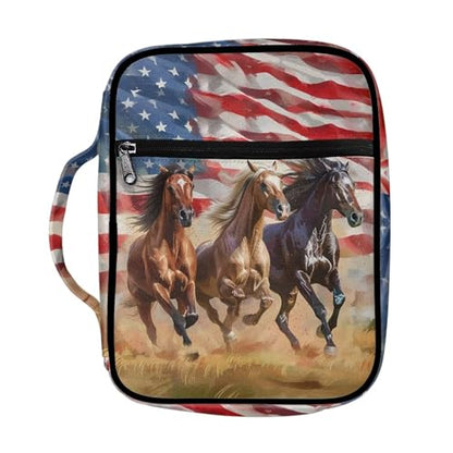 Suobstales American Flag Horse Print Bible Covers for Women Men,Carrying Book Bible Case Church Bag Lightweight Bible Bag Bible Protective with Handle and Zippered Pocket - color: American Flag Horse