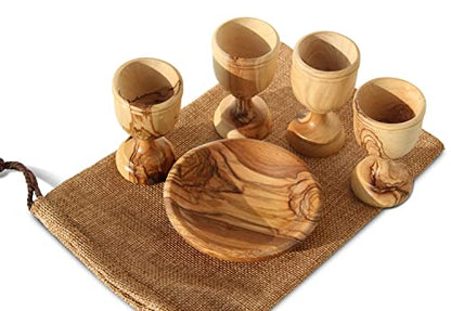 The Jerusalem Gift Shop Since 2004 Olive Wood Communion Cups and Bread Plate Set, 4 Hand-Carved Kiddush Goblets with Tray - color: Brown