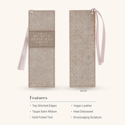 Christian Art Gifts Faux Leather Bookmark for Women: Grace is Sufficient - color: Creamy Taupe Floral/Grace is Sufficient