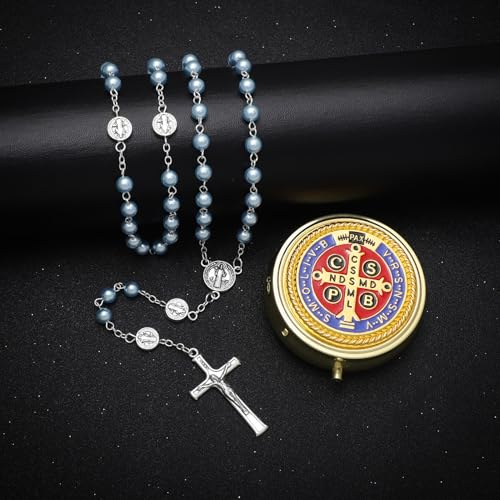 KOMI 6mm Glass Pearl Rosary Beads Catholic for Women with Metal Rosary Box Religious Gifts - style: St Benedict-blue