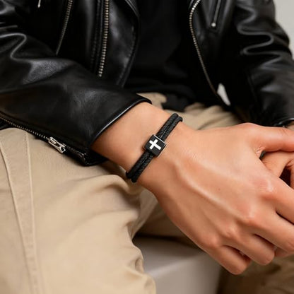 Mens Cross Bracelet for Teen Boys Gift Ideas, christmas stocking stuffers for teens, Christian Religious Jewelry Gifts for Son from Mom Catholic Baptism Confirmation Birthday Gifts for Son Grandson Nephew