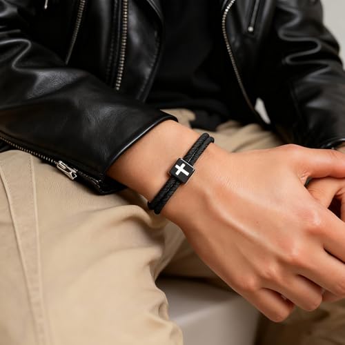 Mens Cross Bracelet for Teen Boys Gift Ideas, christmas stocking stuffers for teens, Christian Religious Jewelry Gifts for Son from Mom Catholic Baptism Confirmation Birthday Gifts for Son Grandson Nephew