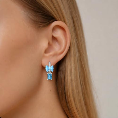 925 Sterling Silver Cute Animal Unique Huggie Hoop Earrings for Women - color: Blue Bow