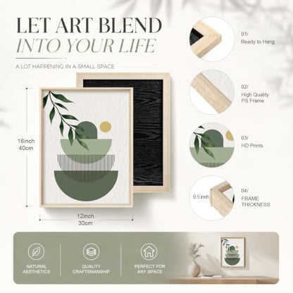 HOURIA Boho Sage Green Geometric Framed Canvas Wall Art Set- 12"x16"x3 - color: Boho Sage Green Wall Art, size: 12"L x 16"W