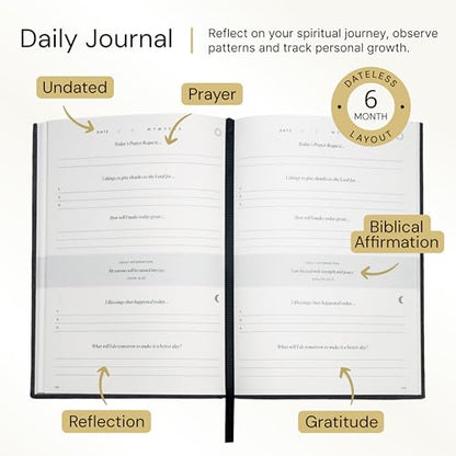 Christian Journal Co Daily Prayer & Gratitude Journal - 6 Months | Black Leather Day Planner for Bible Affirmations & Prayer Requests | Positivity Book for Study & Praying | Religious Gift - color: Black And Gold